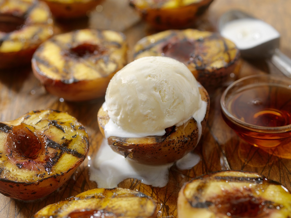 Grilled Peaches with Vanilla Ice Cream and Maple Syrup -Photographed on Hasselblad H3D2-39mb Camera