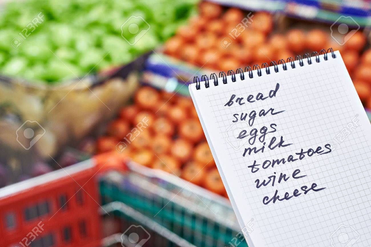 Shopping list in the hands of a woman in a supermarket