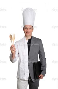 Businessman and chef on white background