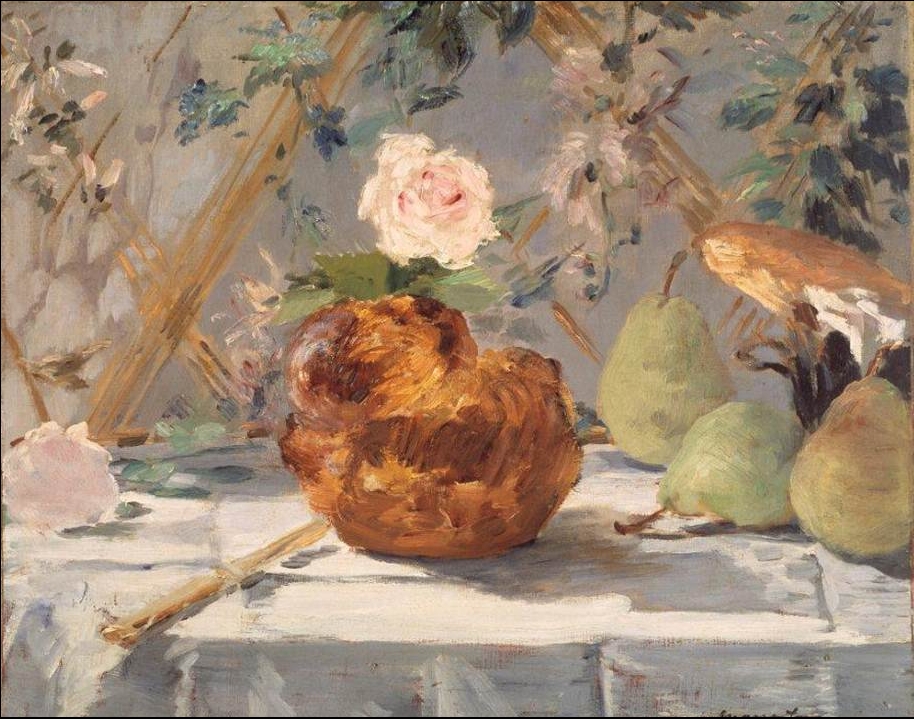 Édouard_Manet_-_Nature_morte,_brioche,_fleurs,_poires_(RW_251)
